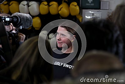 Liberal Democrats leader Jo Swinson wearing a â€œGirly Swotâ€ t-shirt speaking to media at an Editorial Stock Photo